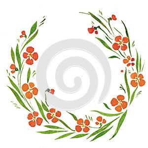 Watercolor illustration wreath , leaves , orange flowers small