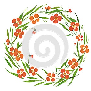 Watercolor illustration wreath , leaves , orange flowers small photo