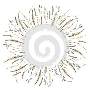 Watercolor illustration of wreath with vintage spikelets and blades of grass isolated on a white background. Round frame