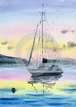 Watercolor illustration of a yacht with lowered sails on a sunset