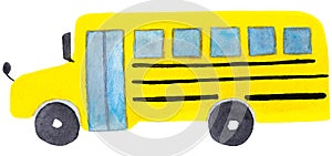 Watercolor illustration of the yellow classic school bus isolated on white background