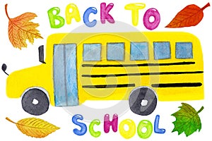 Watercolor illustration of the yellow classic school bus with lettering and autumn leaves isolated on white background