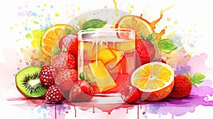 Watercolor illustration of yellow jelly with fruit and berries. Ideal for art prints, recipe book, culinary blog