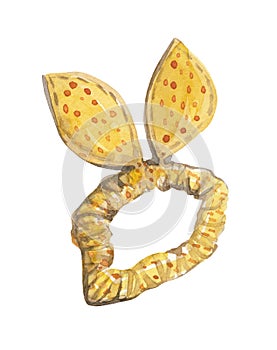 A watercolor illustration of a yellow polka-dotted scrunchie with bunny ears photo