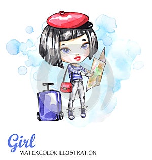 Watercolor illustration young girl with travel bag looking the map. Adventure, vacation. Can be printed on T-shirts