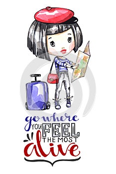 Watercolor illustration young girl with travel bag looking the map. Calligraphy words . Adventure, vacation. Can be