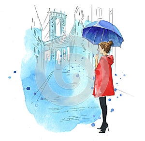 Watercolor illustration of a young girl with umbrella  with a city scape on a background