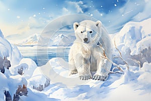 watercolor illustration of a young polar bear