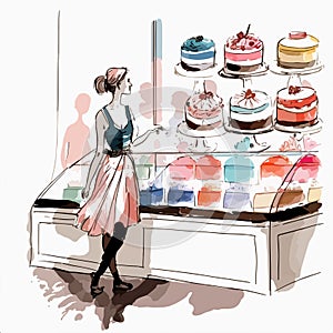 Watercolor illustration of a young woman choosing cake in candy shop