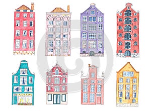 watercolor illustrations of Amsterdam houses. Colorful architectural clipart set