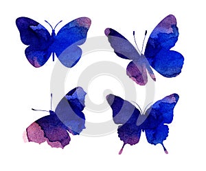 Watercolor illustrations of beautiful lilac silhouettes of butterflies