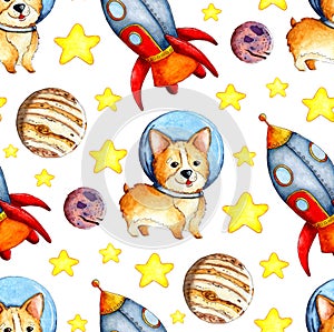 Watercolor illustrations of corgi pattern in space, planets, rockets and stars