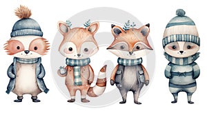 Watercolor illustrations from a cute Animal winter set