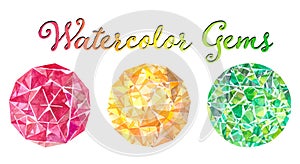 Watercolor illustrations of gems. Red ruby, yellow citrine and green emerald hand-painted gems.