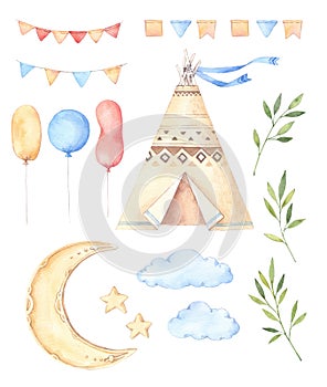 Watercolor illustrations - Kids tent, moon and stars, balloons,