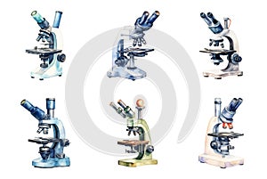 Watercolor Illustrations of Microscopes, Perfect for Science Education