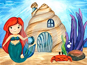 Watercolor illustrations shell house, cute mermaid, crab and violet seaweed. Seabed ocean, underwater landscape