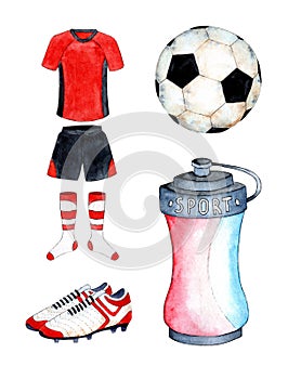 Watercolor illustrations of soccer set uniforms t-shirt and shorts, sneakers, ball and water bottle.