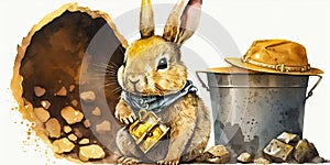 Watercolor ilustration of adorable bunny as a gold prospector