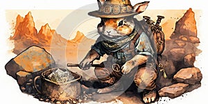 Watercolor ilustration of adorable bunny as a gold prospector