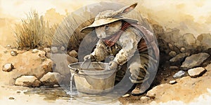 Watercolor ilustration of adorable bunny as a gold prospector