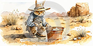 Watercolor ilustration of adorable bunny as a gold prospector