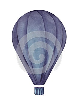 Watercolor image of abstract blue hot air balloon with basket without fastening isolated on white background. Hand drawn