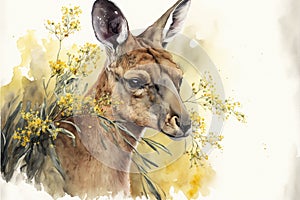 Watercolor image of an Australian kangaroo with wattle flowers