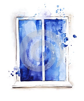 Watercolor image of blue window with paint splashes in white frame with cornice on white background. Hand drawn illustration of