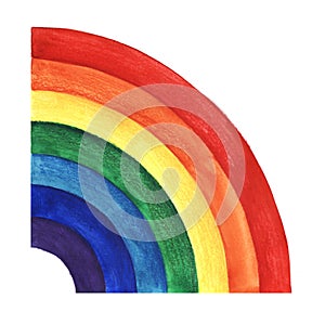 Watercolor image of bright rainbow. Half of round rainbow of 7 colors - purple, blue, sky blue, green, yellow, orange