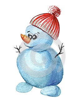 Watercolor image of cartoon baby snowman with carrot instead of its nose, short stick arms and bright knitted hat with fluffy