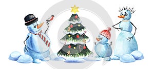 Watercolor image of cartoon snowmen family. Snowman dad with bullfinch on his arm, snowman mom wearing red necklace and their cute