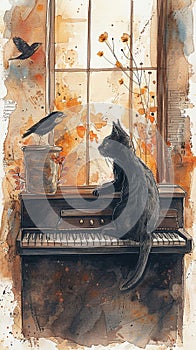 watercolor image of a cat playing a piano and birds