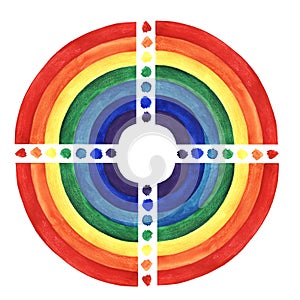 Watercolor image of circle rainbow divided into 4 segments. Palettes of 7 colorful brush strokes used as separator between 4 parts