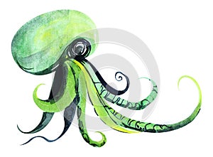 Watercolor image of cute green octopus isolated on white background. Dangerous sea animal with long tentacles. Hand