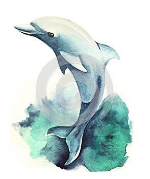 Watercolor image of graceful dolphin jumping out of sea wave. Hand-drawn illustration of cute and smart mammal on white background