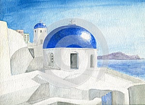 Watercolor Image Greek Island Blue Domes Travel