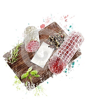 Watercolor Image Of Hard Salami,Herbs and Spices