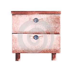 Watercolor image of pink chest of drawers with black round handles. Piece of modern furniture isolated on white
