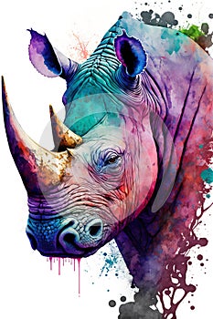 Watercolor image of a rhinoceros created with Generative AI technology photo
