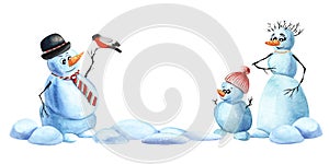 Watercolor image of snowmen family. Snowman dad with bullfinch on his arm, snowman mom in red necklace and their cute snowman baby