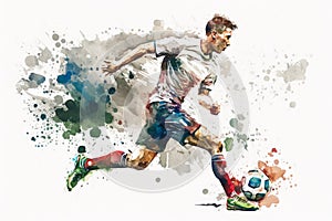 Watercolor image of soccer player kicking the ball. Generative AI