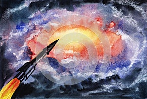 Watercolor image of spaceship taking off into sky, cutting through layers of atmosphere. Rocket striving towards fiery glow