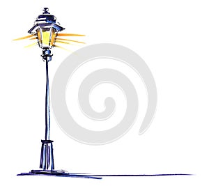 Watercolor image of tall shining street lamp on white background. Hand drawn vintage illustration of classical street light
