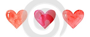 Watercolor image with three hearts of different shades of red color. Even row of colorful hearts isolated on white background.