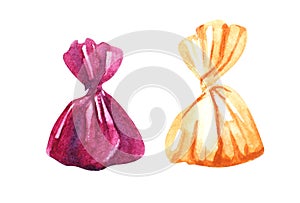 Watercolor image of two candies in bright wrapper of crimson and golden colors isolated on white background. Hand drawn
