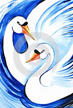 Watercolor image of two white swans against brush stroke blue background. Pair of two graceful birds swimming together. Hand drawn