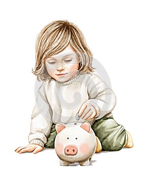 Watercolor imaginary character cartoon boy in clothes sits and puts coin in piggy bank