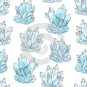 Watercolor and ink blue cluster crystals seamless pattern on the
