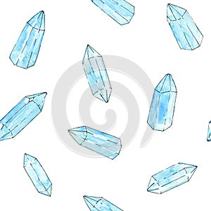 Watercolor and ink blue crystals seamless pattern on the white b